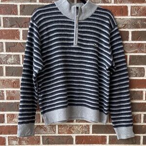 Lacoste Gray and Black Striped Zip-Up Wool Sweater